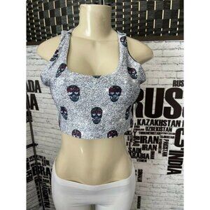 Terez L Black Multi Skull Print Scoop Neck Racerback Sport Bra